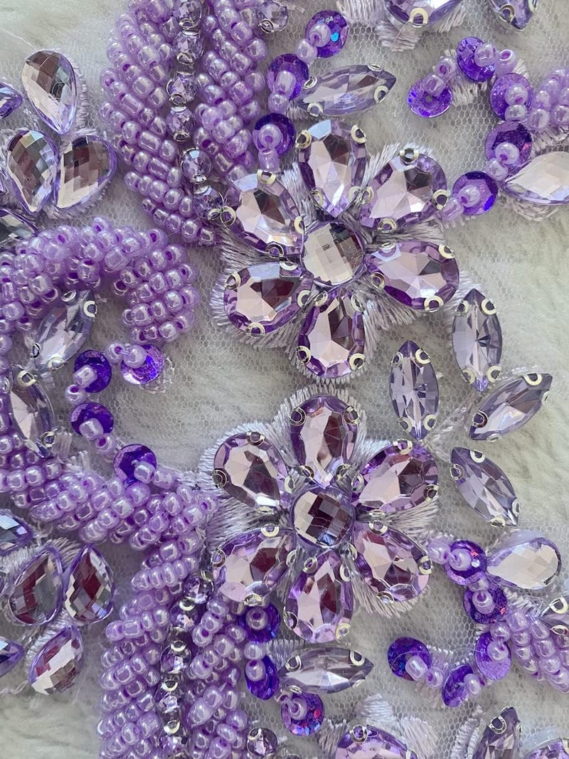 wtbvn Handmade Rhinestones lace Applique handsewing Beads Trim Patches Neckline for Dress Clothes Accessory (Light Purple) - Image 5